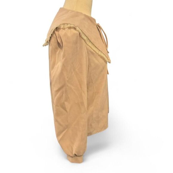 YIKU Women’s Tan button down blouse w/ ruffled oversized Peter Pan Doll collar - Picture 3 of 6